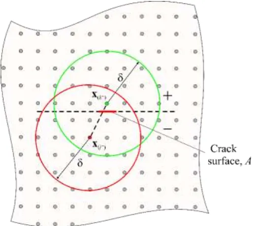 Figure 3. Interaction across a crack surface between material points x(k) and x(j). 