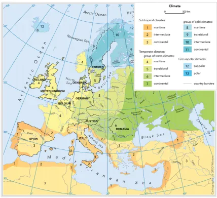 Figure 2. Map showing the main climates of Europe29; the 10 countries considered in this study are labelled by their names