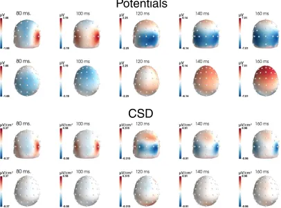 Fig. 9. Time courses obtained from dataset # 2. A. Time course of the negative scalp potential at the selected occipital and parietal electrodes