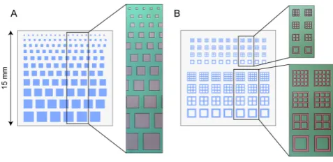 Fig. 1. Design of 15mm wide blocks containing Nafion test strucures inLayout A and Layout B, and example images of fabricated structures