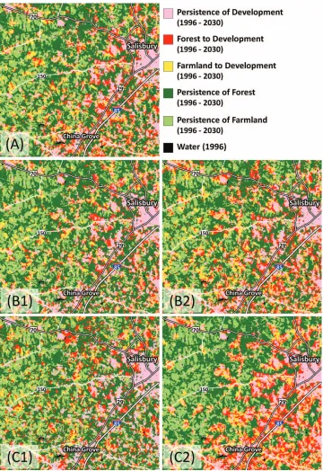 Figure 8. Detail views (20 km ×20 km region of Rowan County) ofland change projections (1996–2030)based on three simulation exper-iments.(A)Experiment1:Con-tinuation of observed (1996–2006)land consumption trends (status quo).Experiment 2 (impacts of per c