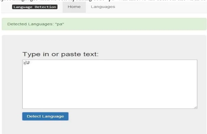 Fig. 1.3 Result of Hindi languages after detection When we type Punjabi Languages then its corresponding code “pa” will meet to the user