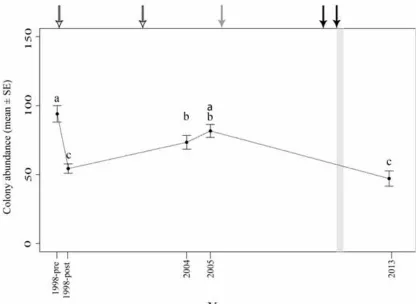 Fig. 3.2  Temporal changes in coral colony abundance at regional scale, all sites pooled 