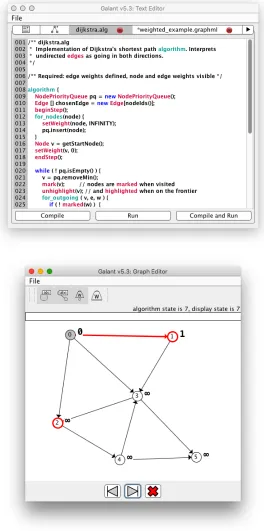 Figure 12: The text and graph windows when an algorithm is running. The text window is atthe top – it has buttons for the user to select whether to compile the algorithm, run it (if alreadycompiled) or do both