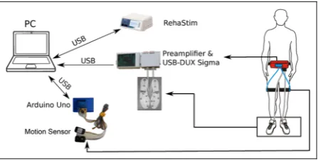 Figure 1 The structure of the FES system. The system consistsof four main parts, a programmable stimulator (RehaStim), dataacquisition devices (USB-DUX Sigma and Arduino Uno), sensorsand a host computer