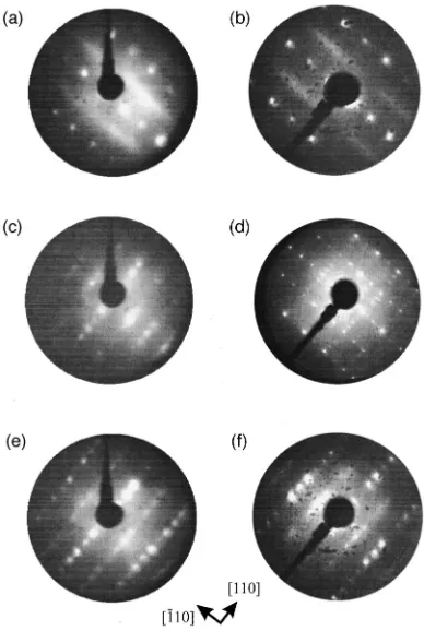 FIG. 1. LEED pattern recorded from GaP�001� and InP�001�: �a� (2�1)/(2�2) GaP�001� taken at a electron energy of 53 eV, �b� (2�1)/(2�2)InP�001� �electron energy 50 eV�, �c� P-rich (2�4) GaP�001� �electronenergy 56 eV�, �d� (2�4) InP�001� �electron energy 120 eV�, �e� Ga-rich(2�4) GaP�001� �electron energy 52 eV�, �f� InP�001� �electron energy 50eV�.