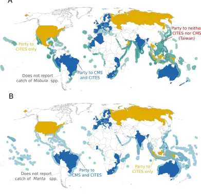 Figure 4Distribution of Parties to CITES and CMS with respect to ranges of mobulid species