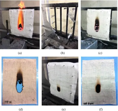 Figure 5.3 Burning characteristic of WHF sample; (a) WHF-UT sample during the test, (b)  WHF-UT sample after burning and, (c) WHF-NaOH sample smouldering (after glow)
