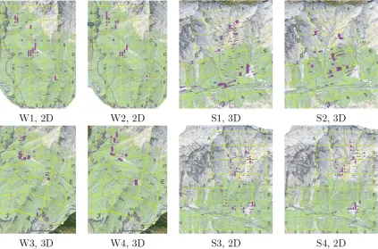 Figure 1. Quantitative data and map background (1:25000 © 2014 swisstopo (BA14010)) of the eight different settings (W1-W4, S1-S4) in the 2D (HTML, SVG and JavaScript, left pairs) and 3D (Google Earth, right pairs) settings