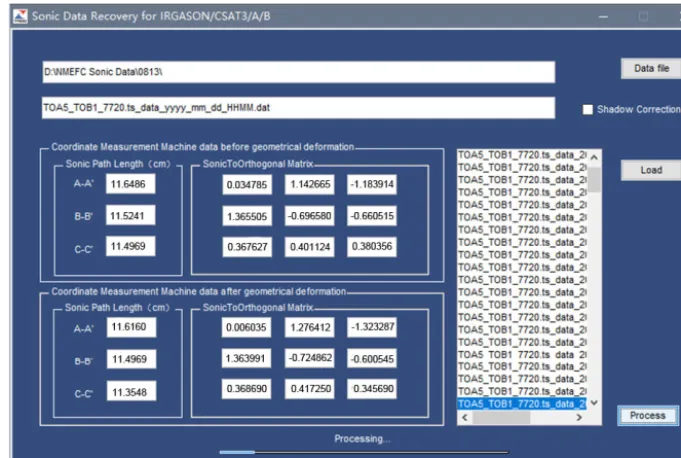 Figure 6. Dialogue interface of software: sonic data recovery for IRGASON/CSAT3/A/B used in geometrical deformation after productionand calibration.