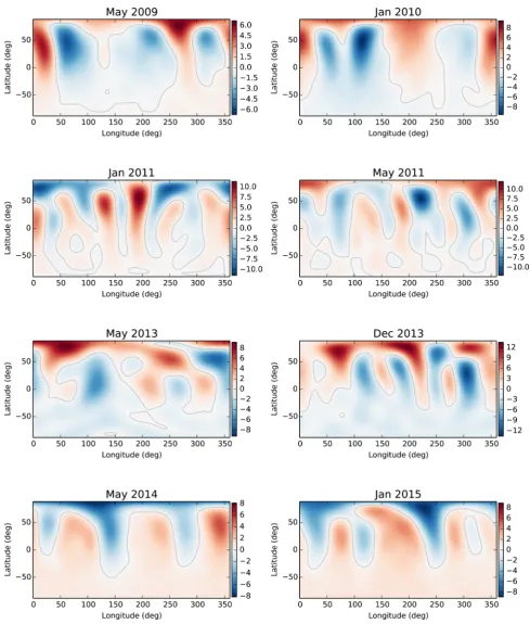 Figure 1. Radial magnetic ﬁeld maps for the eight observed epochs, measured in Gauss (G), with the grey line indicating Br = 0 G