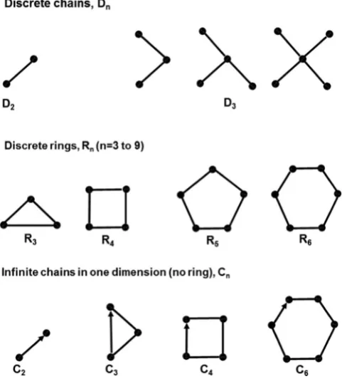 Fig. 5. The most common types of patterns of water cluster in crystalline organic molecules(a black circle marker is a designation for one water molecule) (from [50] withpermission).