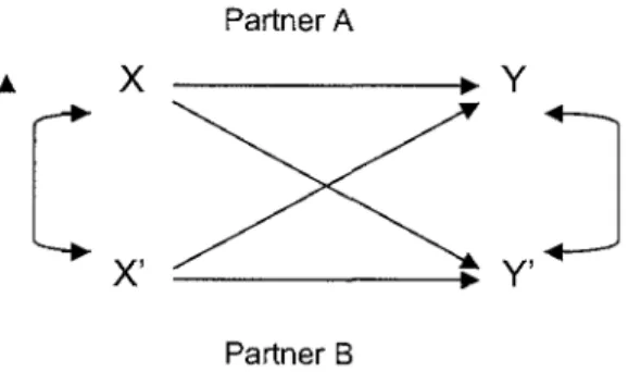 Figure 2.1  The Actor-Partner Interdependence  Model.  Horizontal lines are actor effects and diagonal  lines are partner effects (Kenny,  1996a,b, p.434) 