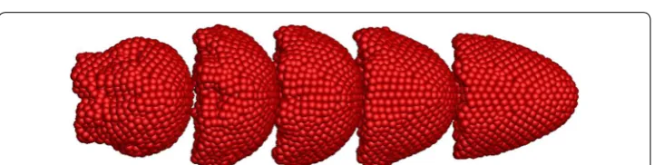 Fig. 12 Deformation of five identical RBCs with the membrane bending stiffness of da 0.1 Kb, b Kb, c 10 Kb,  20 Kb, e 30 Kb and f 40 Kb when they flow in a stenosed capillary with the stenosed diameter of 5.2 µm (Kb = 1 × 10−10 N)