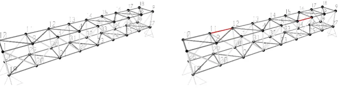 Figure 6: Space truss FE models: healthy state (left panel) and damaged state (right panel)