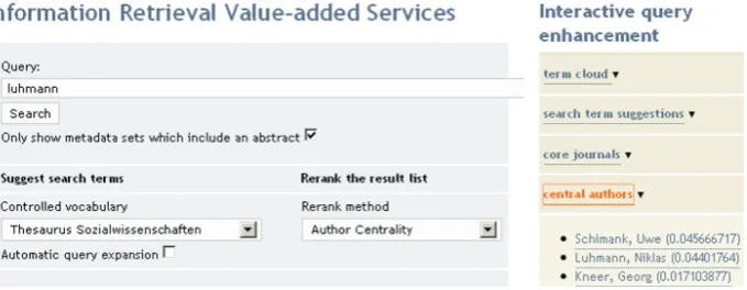 Fig. 2. Recommending author names in our retrieval prototype. Example search term”luhmann” and highly associated author names ”central authors” in the right panel