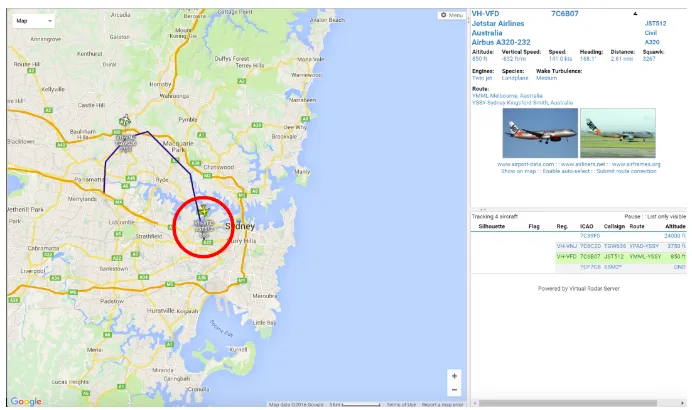 Figure 4.16: RADAR Reference Data from Virtual Radar Server in Google Chrome.