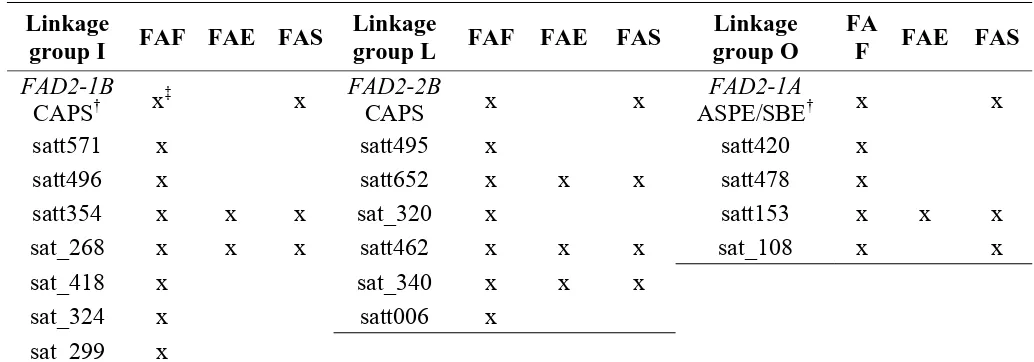 Table 1.  Molecular assays designed for the isoforms FAD2-1A, FAD2-1B and FAD2-2B as well as simple sequence repeat markers mapped on linkage groups I, O and L that were tested for associations with the unsaturated fatty acids’ content in the FAF (N97-3363