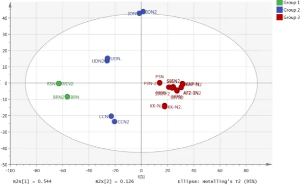 Figure 2. PCA model with HCA analysis for duplicate analyses of crude extracts of Nigerian propolis samples.