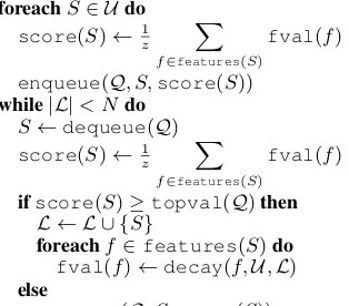 Figure 1: The Feature Decay Algorithm: in-puts are a sentence pool U, test set featuresF, and number of instances to select N anda priority queue Q stores sentence, S, scoresscore that sums feature values fval.