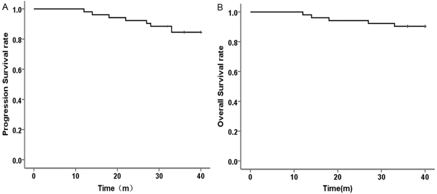 Figure 1. Kaplan-Meier overall survival (A) and progression-free survival (B).