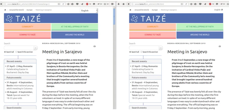 Figure 3:Duplicate EN webpages fromwww.taize.fr/en_article11290.html?chooselang=1fr/fr_article11286.htmlcluding www.taize.fr.Proposed pairs including http:// (left) – http://www.taize.fr/fr_article11286.html?chooselang=1 were not considered equivalent to t