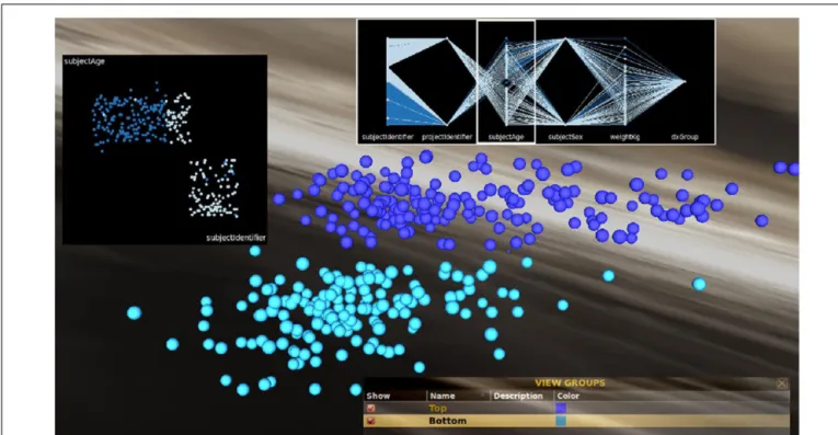 FIGURE 6 | Grouping and classification of clusters based on feature similarity. Groups can be created based on feature similarity and then linked scatter (left inset) and parallel coordinates plots (upper insert) can be created within INVIZIAN to help to i