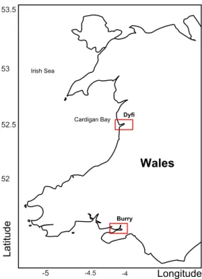 Figure 2.3: Figure showing the location of Dyfi Estuary and Burry Inlet. These are the test sites for datasets that are used in this dissertation