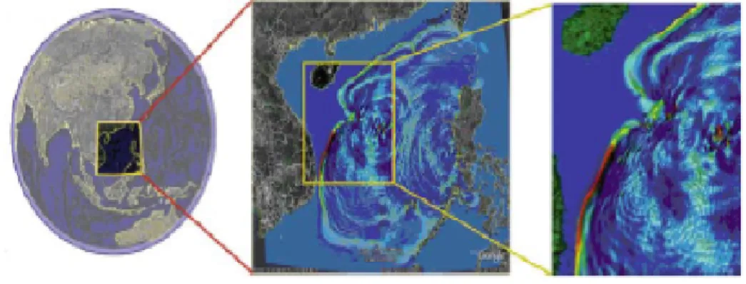 Figure 3.2: Copied from Zhang et al. [326], multiple level of detail visualization of tsunami simulation, placed into global context.
