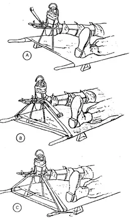 Figure 3-14.  Securing a traction splint to the litter using a roller bandage.   