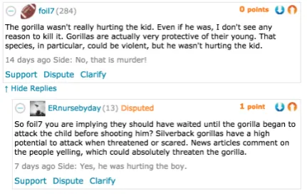 Figure 1: A disputation example from createdde-bate.com (The debating topic is “Should the Go-rilla have died?”)