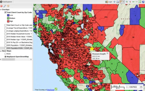 Fig. 11. Regional demand map for overnight accomodations on fedrally managed land for the Yosemite National Park Region by origin zip code, 1999 to 2007