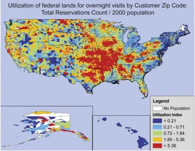 Fig. 2. Utilization index for overnight visits to federally managed lands by customer zip code, 1999 to 2007