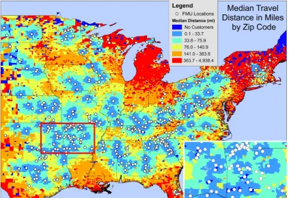 Fig. 3. Median originto color in this–destination travel distance to federally managed camping or lodging facilities by customer zip code, 1999 to 2007