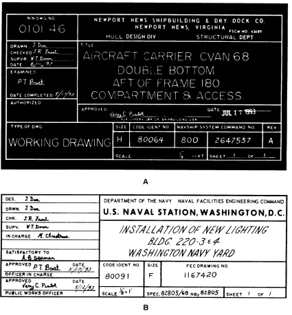 Figure 1-1.—Blueprint title blocks. (A) Naval Ship Systems Command; (B) Naval Facilities Engineering Command.