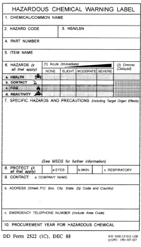 Figure 2-1.—Department of Defense Hazardous Chemical Warning Label, DD Form 2522 (1C).