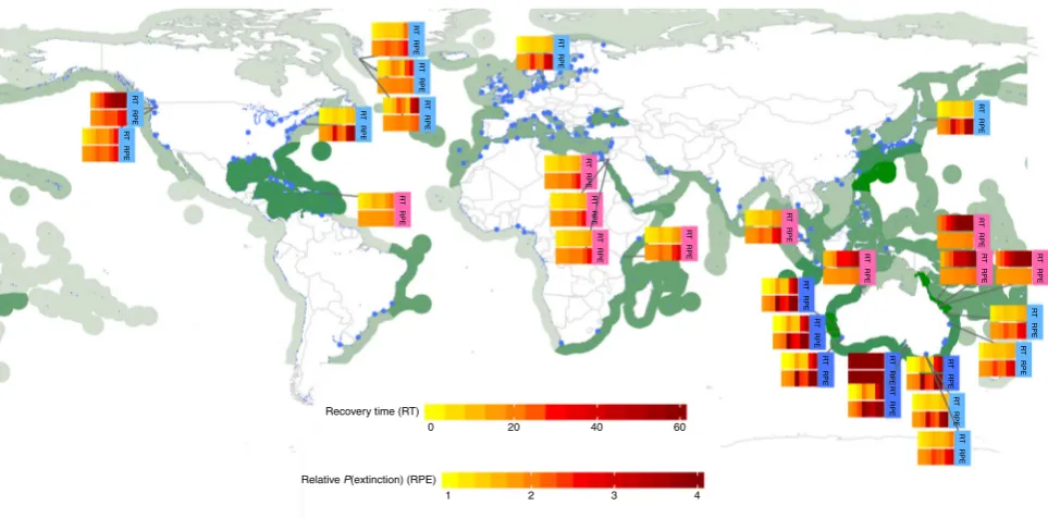 Fig. 2 Global distribution of seagrasses and ports showing resilience to dredging. Seagrass density6blue for persistentwhere larger dots indicate larger harbours (generated using R softwareheat map has eight vertical bars, corresponding to dredging periods