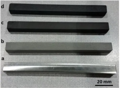 Fig. 4. Billet appearance after different steps of billet preparation (a) 1st stepmachined billet, (b) 2nd stepand (d) 4th step – initial – sand blasted billet, (c) 3rd step – graphite coated billet – anti-seize lubricant applied.