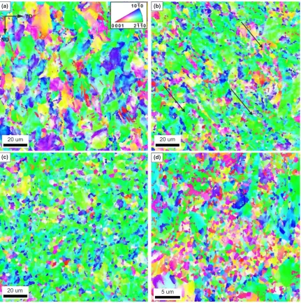 Fig. 7. Coloured inverse polein the transverse (X) plane after (a) ﬁgure (IPF) maps obtained from EBSD analysis showing the evolution of microstructure and deformation characteristics in processed CP-Ti grade 2 samples ﬁrst, (b) second, (c) fourth, and (d)