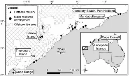 Figure 2.1 Location of Thevenard Island, Barrow Island, Mundabullangana and Cemetery beach, Port 