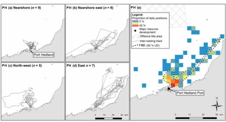 Figure 2.7 (a) of core home range areas (FKD 50% UD) for all turtles tracked from Port Hedland in relation to offshore resource projects (e) Density distribution of all median daily positions (3 km– (d) Port Hedland inter-nesting track distribution and pot