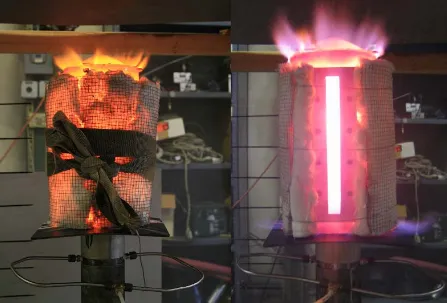 Figure 6. Pictures of the burner running on pure glycerol, with the windowless flame enclosure (left) and the windowed flame enclosure (right)