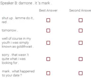 Figure 1: An example NUC question from theSubTle Corpus (Banchs, 2012).