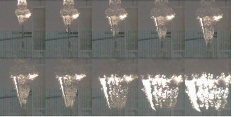 Figure 2. Detonation of nitromethane with 13 µm aluminum particles in a 1 m long, 40.1 mm ID, 2.1 mm thick steel tube, with 22.75 µs between frames and 113.75 µs for the last three frames