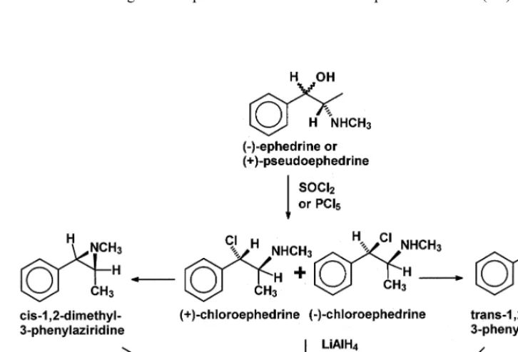 Fig. 1. Flow diagram showing common clandestine methods used for the conversion of (−()-ephedrine or (+)-pseudoephedrine into+)-methamphetamine via chloroephedrine intermediates.