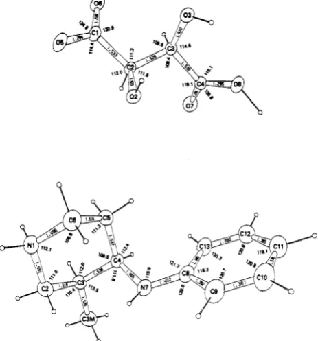 Figure 1. showing bond lengths and angles. Thermal ellipsoid boundaries O R T E P ~  drawing of (-)-9 (R,R)-L-(+)-tartaric acid salt are drawn at 36% probability and hydrogen atoms are arbitrary