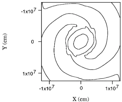 FIG. 5. Density contours as in Fig. 4, at 16.58 ms.