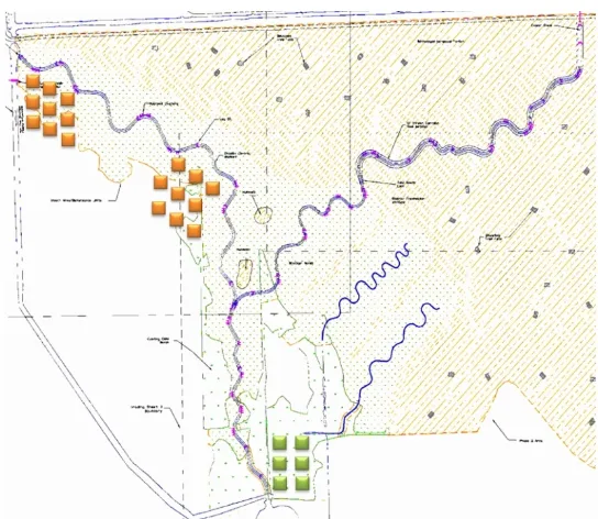 Fig. 2.1. The locations of the GHG static chambers in the upstream and downstream locations in the created marsh (indicated as orange squares), and further downstream in the reference marsh (indicated as green squares)