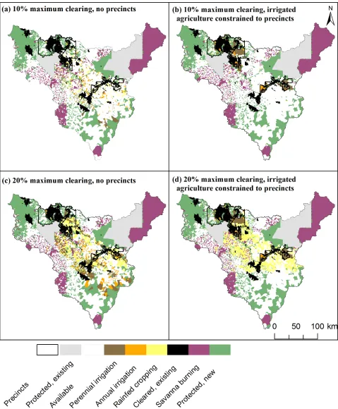 Fig 4. Land-use scenarios developed with Marxan with Zones. (a) scenario 1; (b) scenario 2; (c) scenario 3; (d) scenario 4.