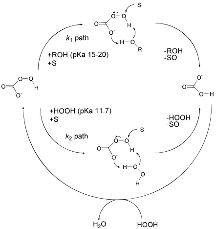 Figure 6. Plot of second-order rate constants kso at 25 °C fit by eq 23for catalytic EPS oxidation in t-butanol/water (1.76:1, v/v) as a functionof [H2O2] ([H2O] ) 19 M, [t-BuOH] ) 10.3 M for this fit)